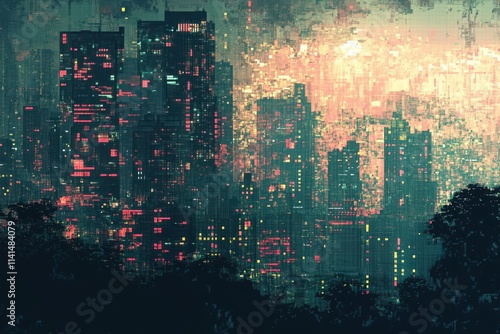 Digital Cityscape Illuminated At Night With Pixelated Details