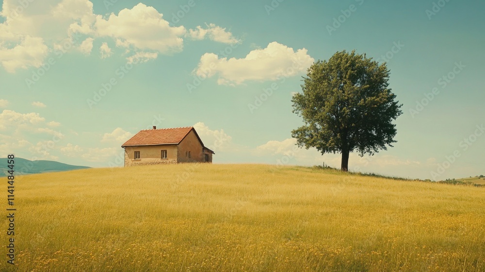 A serene landscape featuring a solitary house and a tree on a grassy hill under a blue sky. A serene landscape featuring a solitary house and a tree on a grassy hill under a blue sky.
