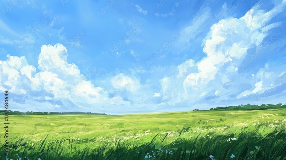 Fototapeta premium A serene landscape featuring a vast green field under a bright blue sky with fluffy clouds.