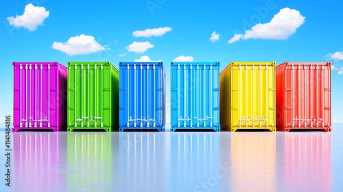 Colorful shipping containers against a blue sky and clouds. photo