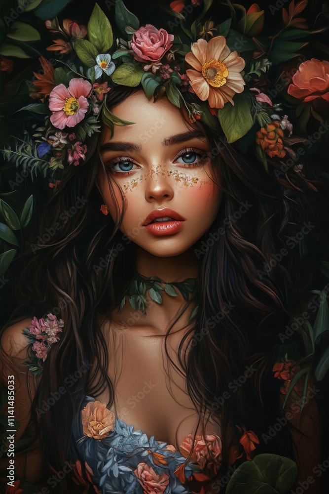 Fototapeta premium A beautiful woman adorned with flowers and leaves, exuding nature's charm in a lush garden setting during golden hour. Generative AI