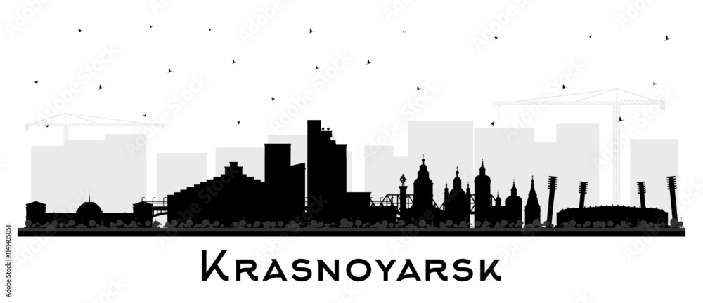Obraz premium Krasnoyarsk Russia city skyline silhouette with black buildings isolated on white. Krasnoyarsk cityscape with landmarks. Travel and tourism concept with modern and historic architecture.