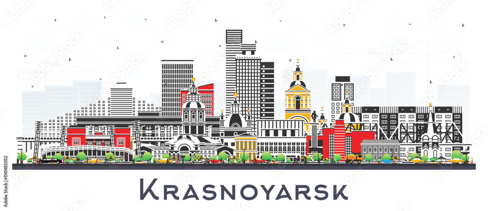Obraz premium Krasnoyarsk Russia city skyline with color buildings isolated on white. Krasnoyarsk cityscape with landmarks. Business travel and tourism concept with modern and historic architecture.