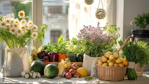 Wallpaper Mural A table is covered with a variety of fruits and vegetables, including apples Torontodigital.ca