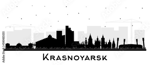 Krasnoyarsk Russia city skyline silhouette with black buildings isolated on white. Krasnoyarsk cityscape with landmarks. Travel and tourism concept with modern and historic architecture.