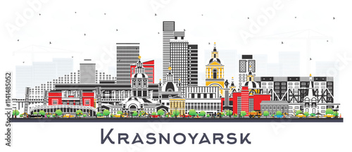 Krasnoyarsk Russia city skyline with color buildings isolated on white. Krasnoyarsk cityscape with landmarks. Business travel and tourism concept with modern and historic architecture.
