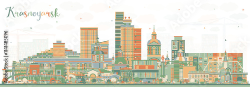 Krasnoyarsk Russia city skyline with color buildings. Krasnoyarsk cityscape with landmarks. Business travel and tourism concept with modern and historic architecture.