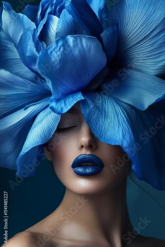 A woman in high fashion poses with a striking blue flower crown, showcasing bold makeup and artistic expression in a studio setting. Generative AI