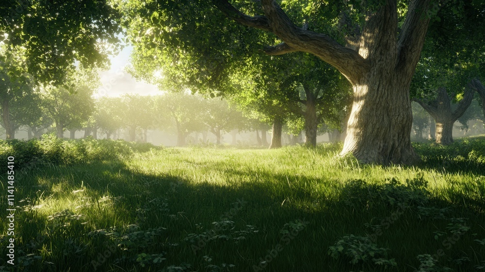 Fototapeta premium Lush Green Forest with Sunlight Filtering Through Leaves and Grass