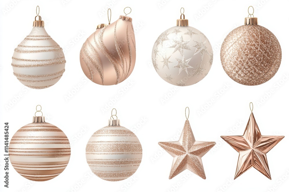 Eight rose gold and white Christmas baubles, stars. Ideal for festive designs, cards, and websites; evokes elegance and holiday cheer. Eight rose gold and white Christmas baubles, stars. Ideal for festive designs, cards, and websites; evokes elegance and holiday cheer.