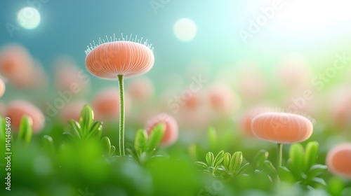 Wallpaper Mural A serene close-up of soft pink flowers rising above lush green foliage, illuminated by gentle light, creating a tranquil, dreamy atmosphere. Torontodigital.ca