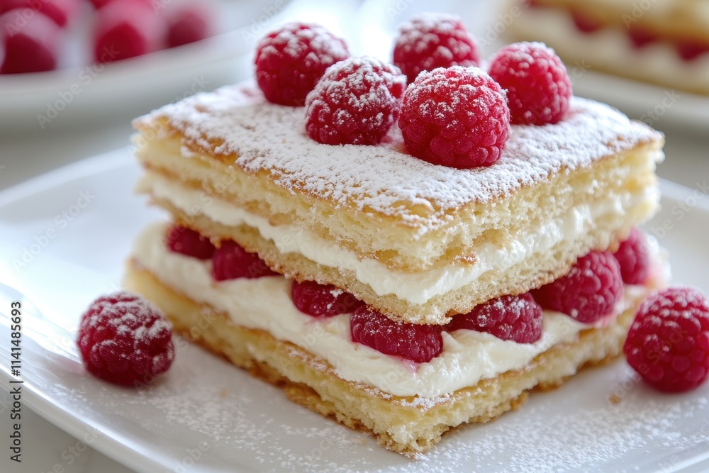 Delicious layered cake with raspberries and cream, dusted with powdered sugar. Perfect for menus, blogs, and food publications showcasing sweet treats. Delicious layered cake with raspberries and cream, dusted with powdered sugar. Perfect for menus, blogs, and food publications showcasing sweet treats.