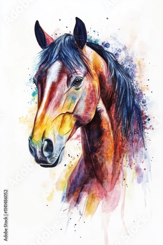 A vibrant watercolor portrait of a majestic horse with flowing mane showcasing bright colors and artistic expression. Generative AI photo