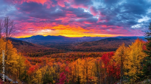 Breathtaking Sunset Over Vibrant Autumn Forest Landscape in Mountains