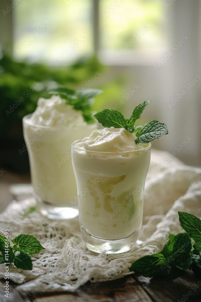 Two Glasses Ice Cream Mint Leaves Two Glasses Ice Cream Mint Leaves