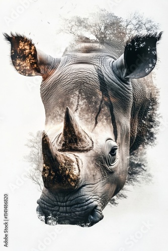 Captivating double exposure of a majestic rhinoceros blending with its natural habitat in a soft, artistic presentation. Generative AI photo