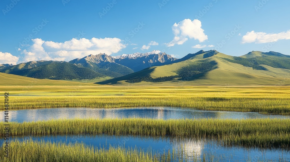 Obraz premium A serene landscape featuring mountain, nature, background, a reflective pond, and lush green fields under a blue sky.