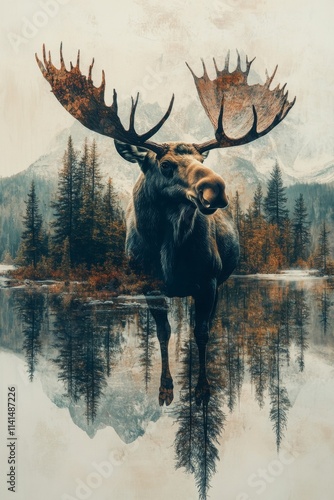 A majestic moose standing in a tranquil lake surrounded by autumn trees and mountains during a misty morning. Generative AI