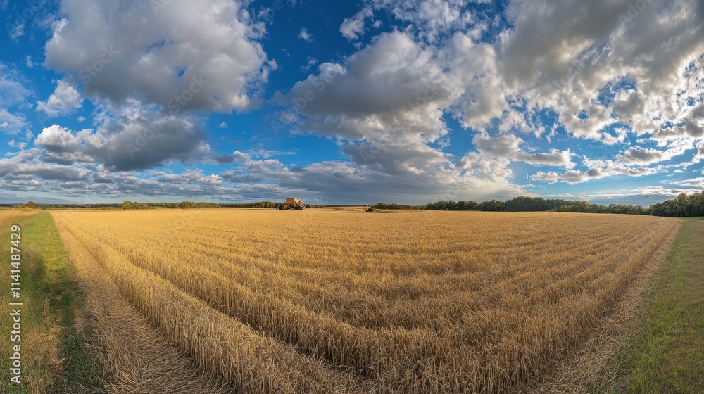 Golden Wheat Field Under A Dramatic Sky With Fluffy Clouds And Sunlight Golden Wheat Field Under A Dramatic Sky With Fluffy Clouds And Sunlight