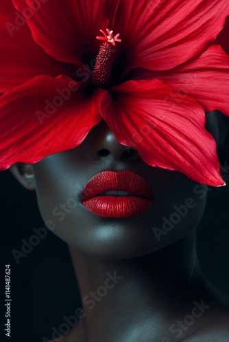 Portrait of a woman adorned with a vibrant red flower showcasing beauty in an artistic setting during a serene moment. Generative AI