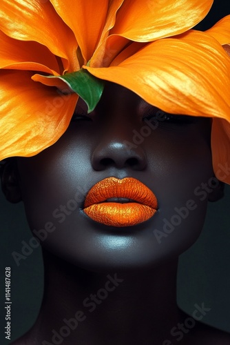 Portrait of a woman with striking orange lips and a vibrant orange flower adorning her head, showcasing beauty and elegance. Generative AI