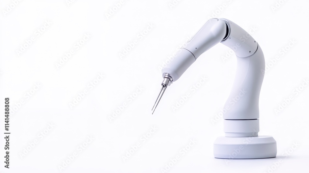 A sleek robotic arm with a pointed tool, showcasing modern engineering and precision technology against a minimalist background. A sleek robotic arm with a pointed tool, showcasing modern engineering and precision technology against a minimalist background.