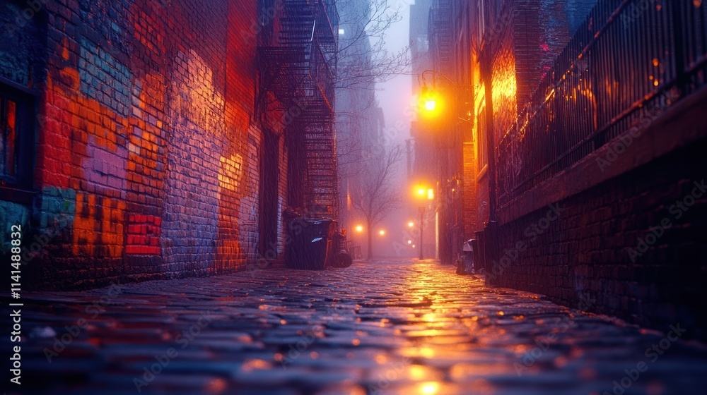 Foggy alleyway with colorful graffiti and streetlights Foggy alleyway with colorful graffiti and streetlights