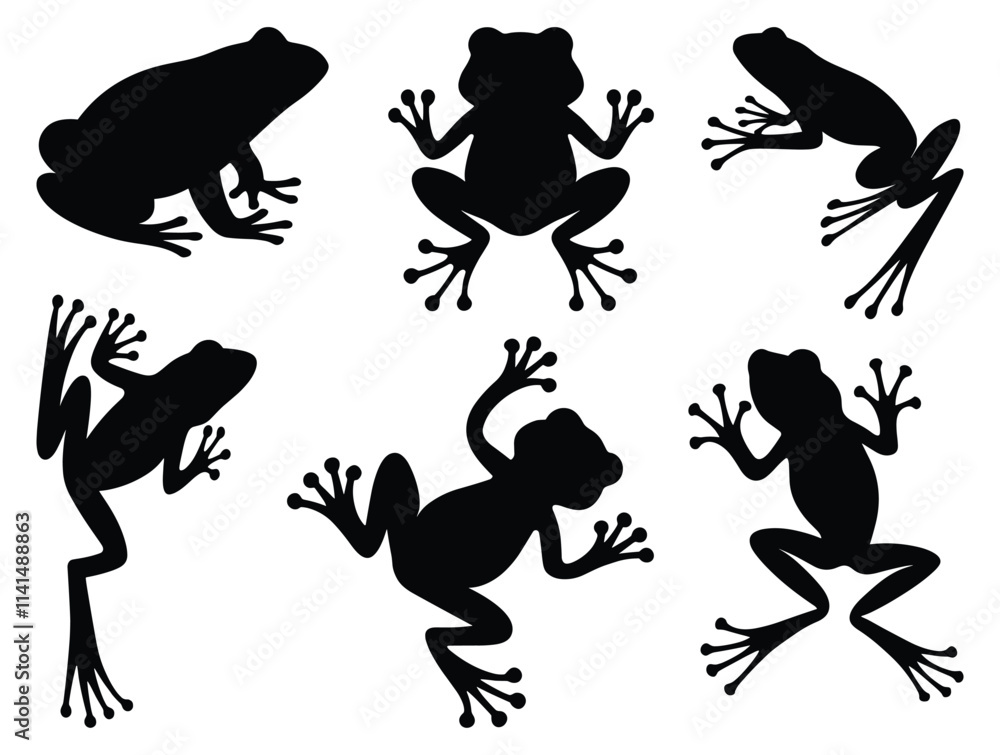 Silhouettes of diverse frogs in various poses vector illustration Silhouettes of diverse frogs in various poses vector illustration