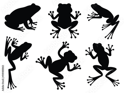 Silhouettes of diverse frogs in various poses vector illustration