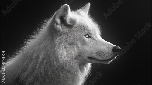 Majestic white wolf gazes into the distance with piercing blue eyes in striking monochrome portrait photo