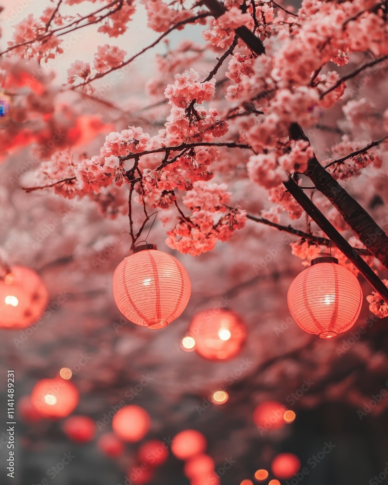 Red lanterns hanging above cherry blossom branches in a festive scene ...