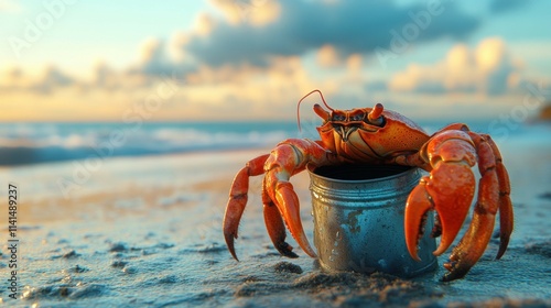 A vibrant red crab perches on a weathered metal bucket at sunset on a sandy beach, creating a whimsical and colorful coastal scene. Perfect for nature, ocean, and marine life themes photo