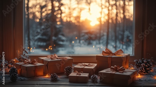 A cozy winter scene with wrapped gifts by a window, illuminated by a sunset.