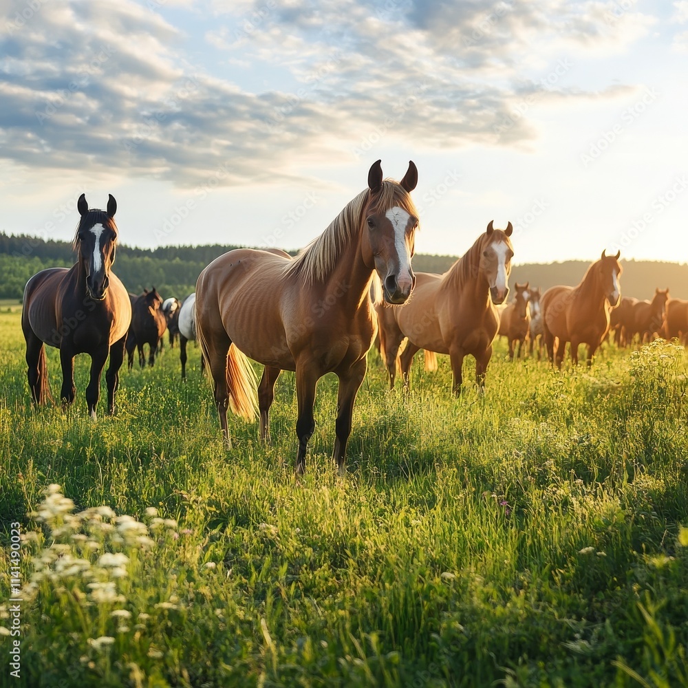 Fototapeta premium Summer or spring horses graze in meadows.