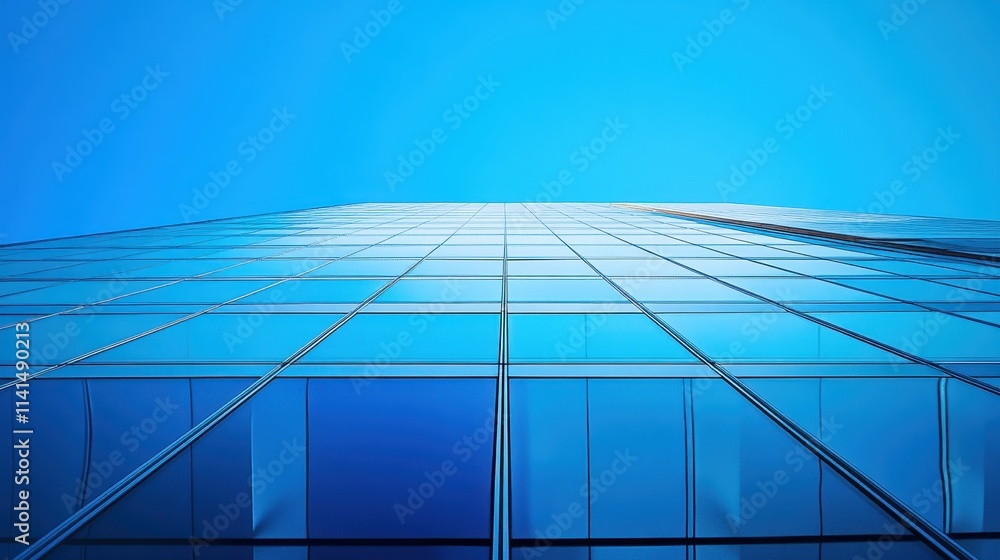 Fototapeta premium Modern glass skyscraper facade against a clear blue sky. Ideal for corporate, success, and growth concepts.