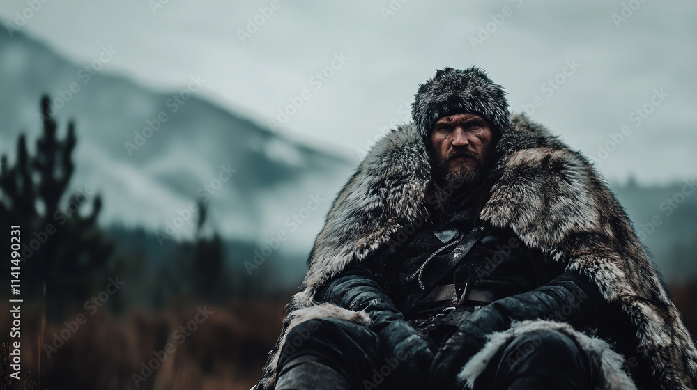 Brave warrior seated in a rugged landscape with mountains and mist on a cloudy day Brave warrior seated in a rugged landscape with mountains and mist on a cloudy day
