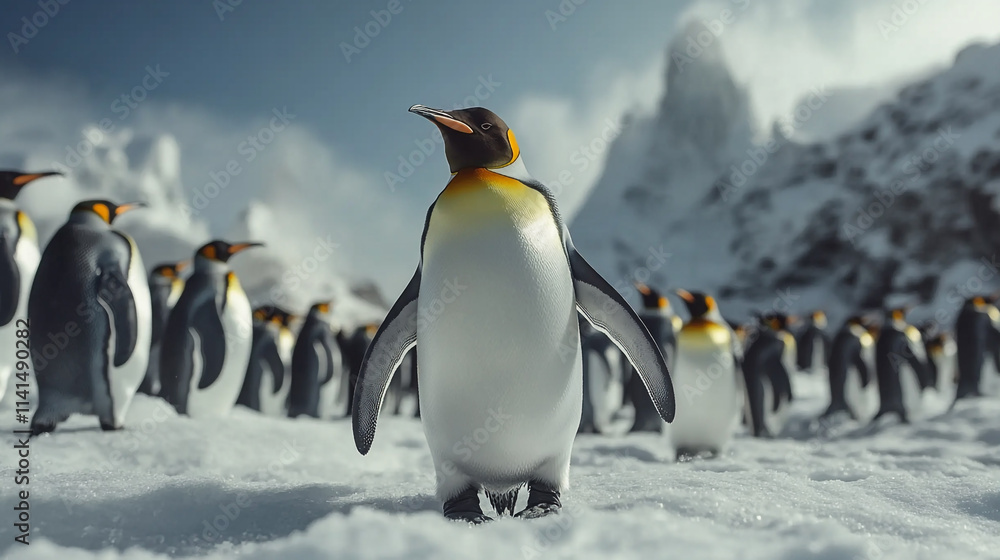 Obraz premium Penguins gather in a snowy landscape surrounded by mountains during a sunny day in Antarctica