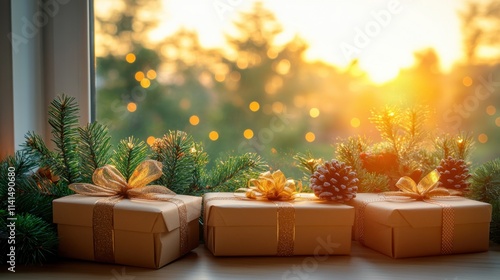 Beautifully wrapped gifts on a windowsill with a warm sunset backdrop.