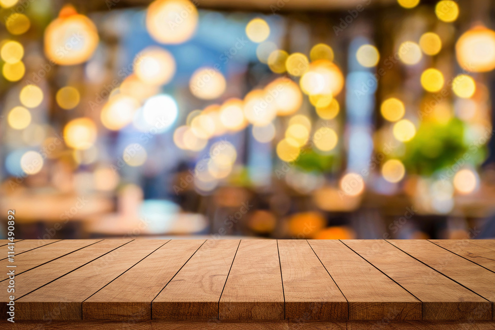 Empty wooden table bokeh light background. Tables and chairs in the lobby of restaurant. Visitors to restaurant for dinner. Cozy bokeh lightening. Beautiful bright interior. Blurred bokeh basic backg Empty wooden table bokeh light background. Tables and chairs in the lobby of restaurant. Visitors to restaurant for dinner. Cozy bokeh lightening. Beautiful bright interior. Blurred bokeh basic backg