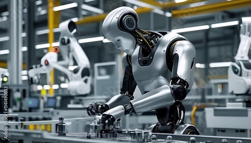 A cyborg or robot working in a futuristic factory AI creation