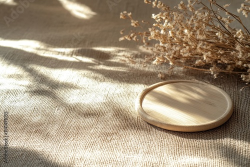 Hemp fabric base with earthy brown background and soft daylight, featuring an empty space framed by dried flowers and a small wooden coaster, creating an eco-friendly and natural atmosphere photo