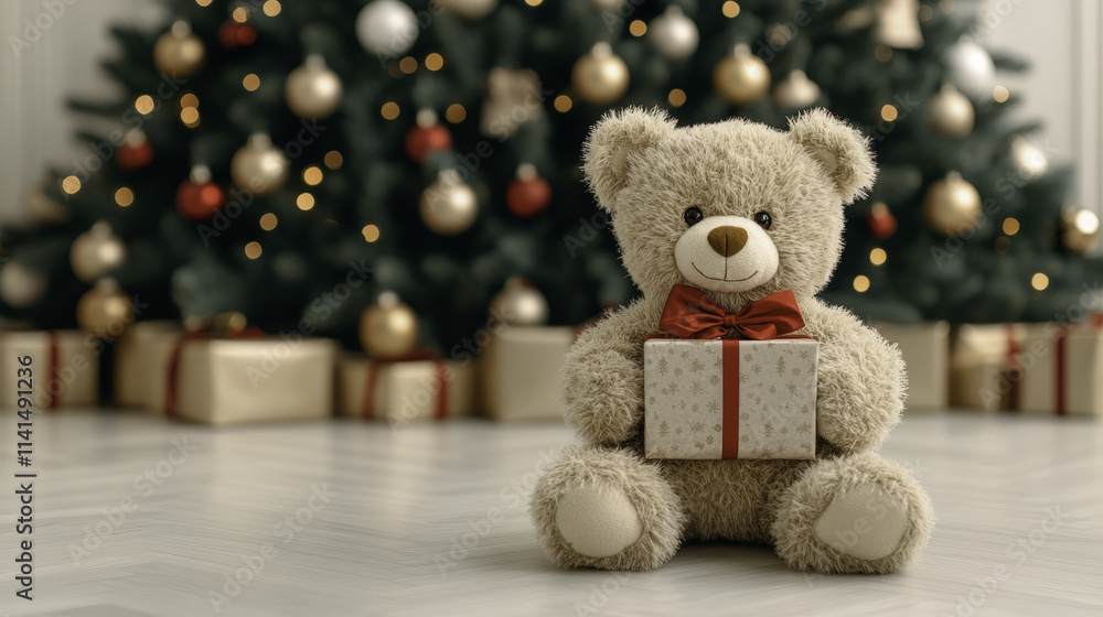 Fototapeta premium teddy bear with bright red bow sits in front of beautifully decorated Christmas tree, holding small gift. warm holiday atmosphere evokes feelings of joy and nostalgia