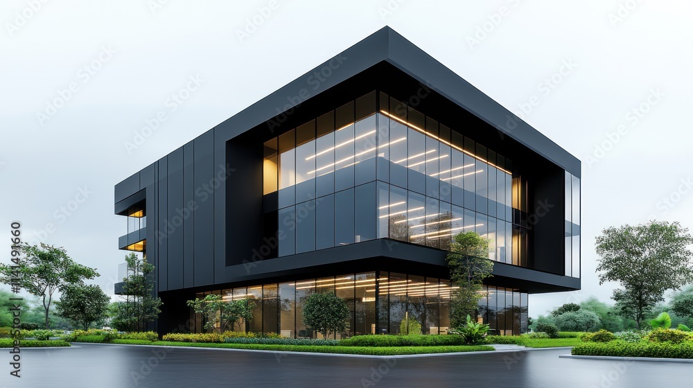 Fototapeta premium Modern black building with large glass windows and greenery.