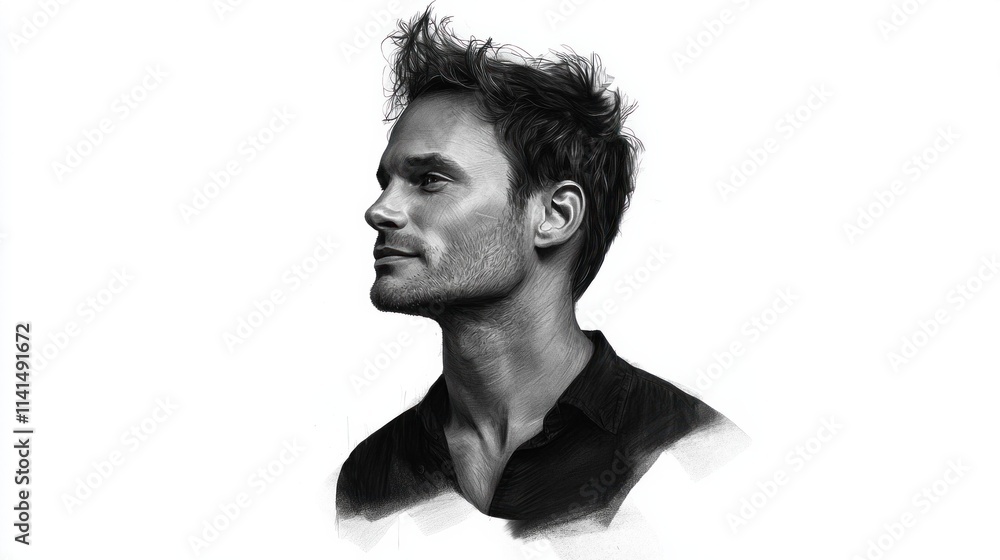Obraz premium Realistic Black and White Portrait of Young Man with Modern Hairstyle, Confident Profile Pose, Pencil Sketch Illustration on White Background