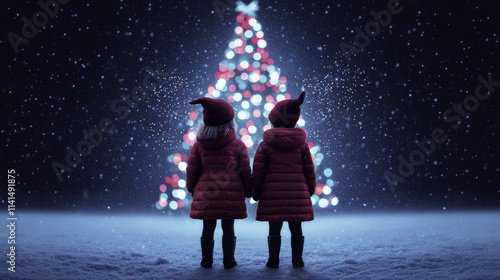 Two children in red coats stand hand in hand, gazing at beautifully lit Christmas tree. Snowflakes gently fall around them, creating magical holiday atmosphere