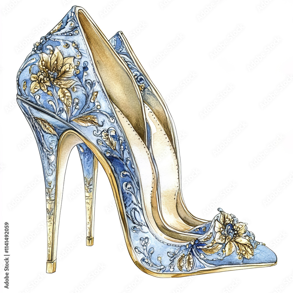 Obraz premium Elegant blue embroidered high heels with intricate floral design