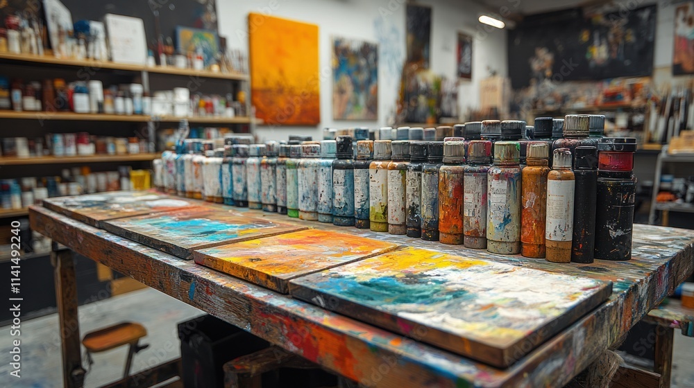 Paint-splattered table, artist's studio, colorful paints. Paint-splattered table, artist's studio, colorful paints.