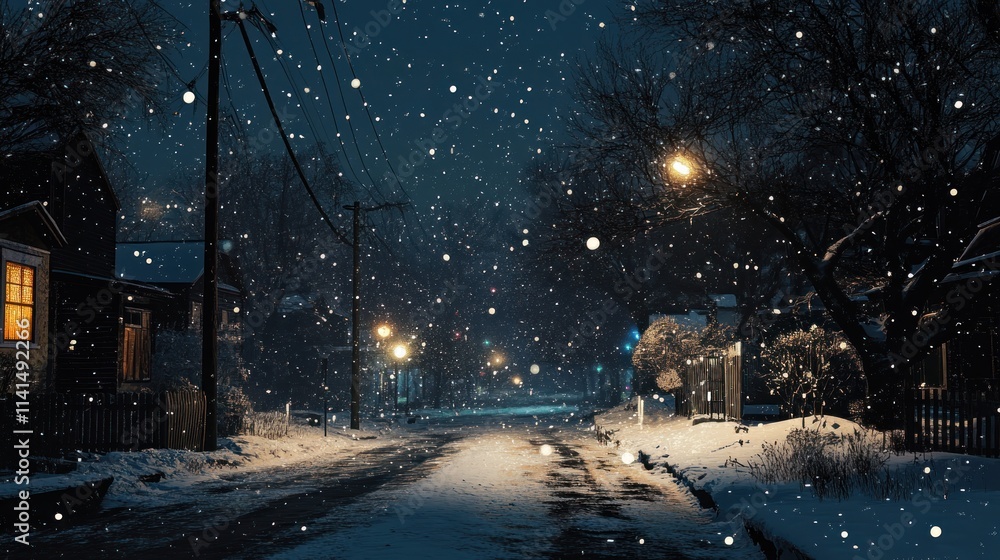 A serene snowy street at night, illuminated by streetlights and house windows. A serene snowy street at night, illuminated by streetlights and house windows.