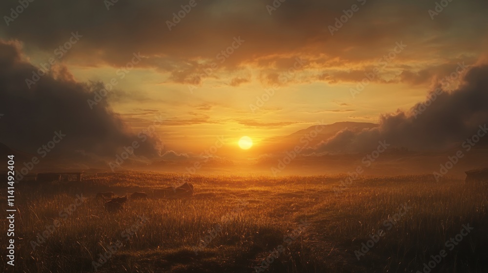A serene sunset over a grassy landscape, with soft clouds and a tranquil atmosphere. A serene sunset over a grassy landscape, with soft clouds and a tranquil atmosphere.