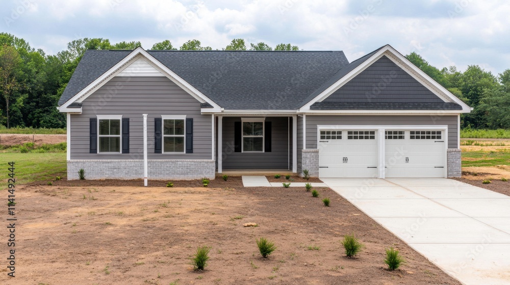 Modern Single-Story House with Gray Siding and Spacious Front Lawn Modern Single-Story House with Gray Siding and Spacious Front Lawn
